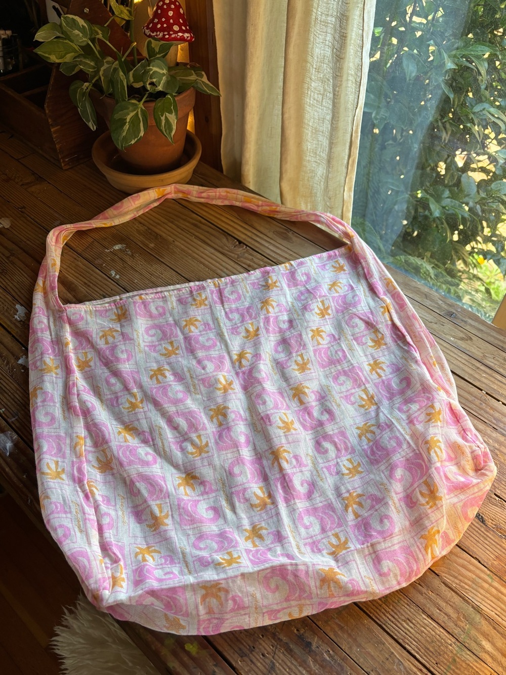 Free People RARE Pink and Yellow Patterned Beach Cotton Tote Bag